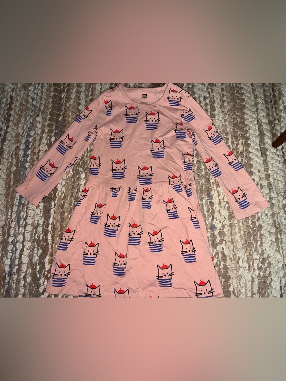 Tea Collection Pink Cat Print Long-Sleeve Nightgown with Navy and Red Accents